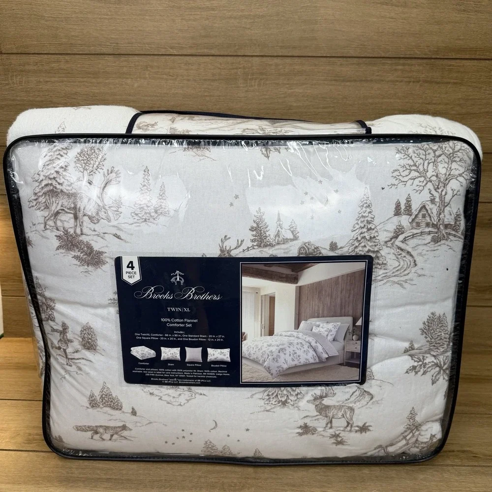 Brooks Brothers 4 Piece Comforter Set Twin XL 100% Cotton Flannel Winter Cabin